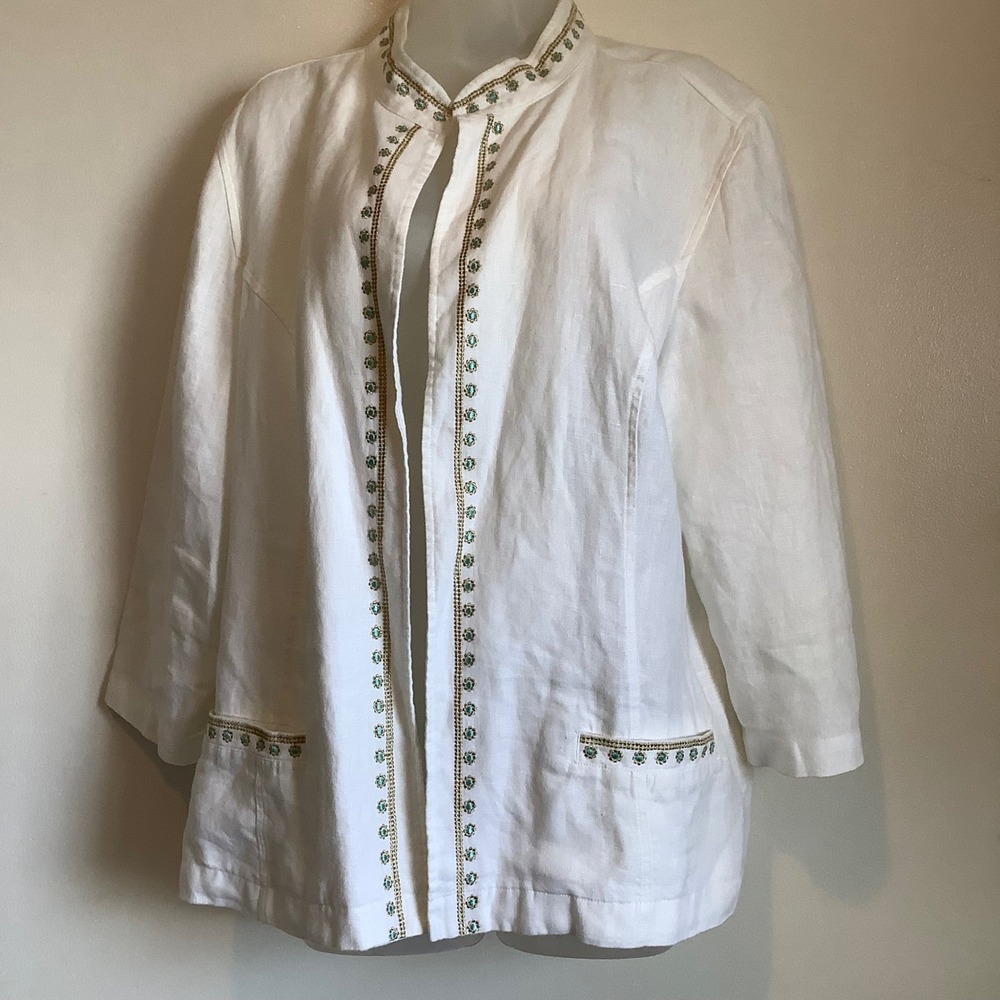 Chico's White 100% Linen Embroidered Open Front Jacket Mandarin Collar Size 3 L